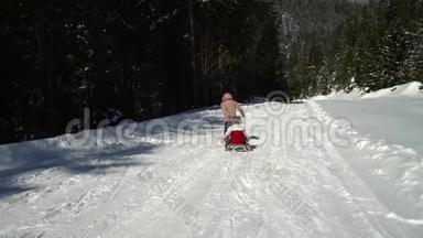 冬天，两个快乐美丽的孩子在雪山上玩着有趣的雪橇。 兄弟和兄弟